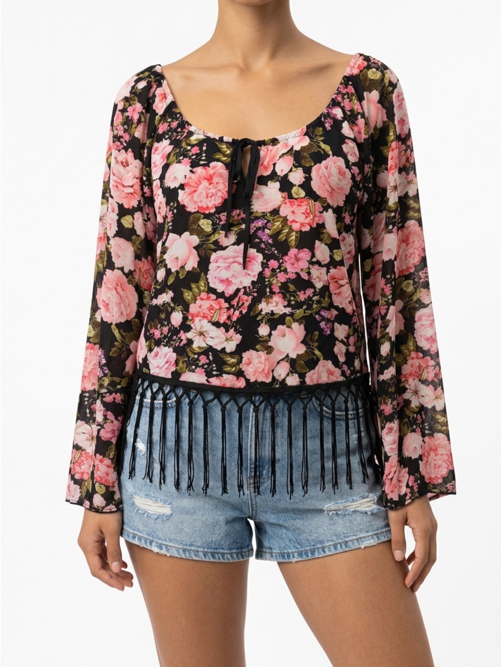 Romeo & Juliet Couture Womens Medium Black Floral Fringed Blouse Top